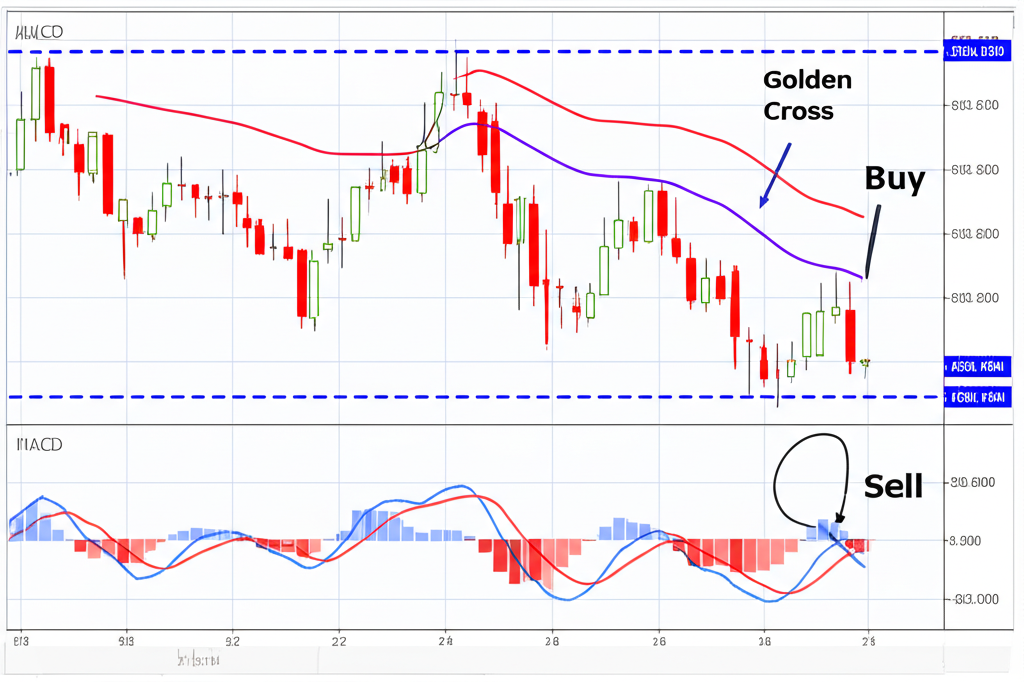 ภาพประกอบสัญญาณ Golden Cross และ Death Cross บน MACD indicator ที่แสดงจุดซื้อและขาย