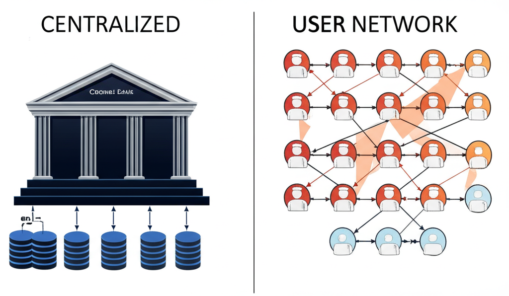 Illustration comparing centralized bank system versus decentralized user network with transparent data flow