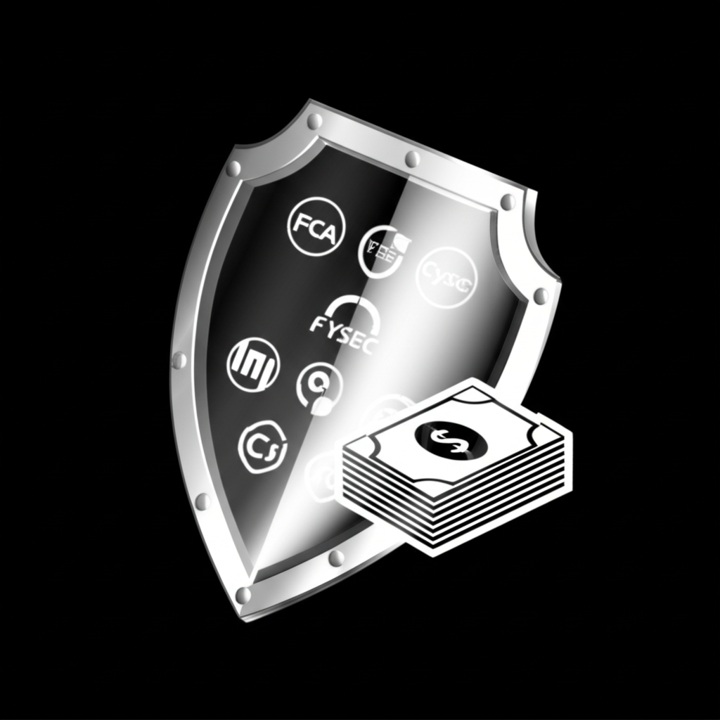 illustration of a shield with multiple regulatory logos like FCA and CySEC protecting a stack of money