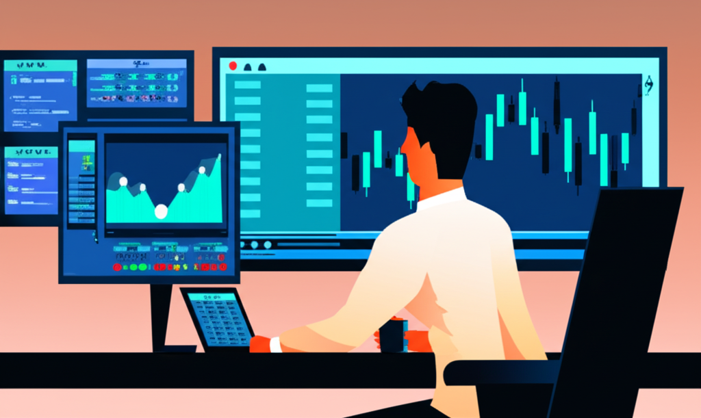 Trader using advanced tools on a trading platform displaying various assets like forex stocks and crypto