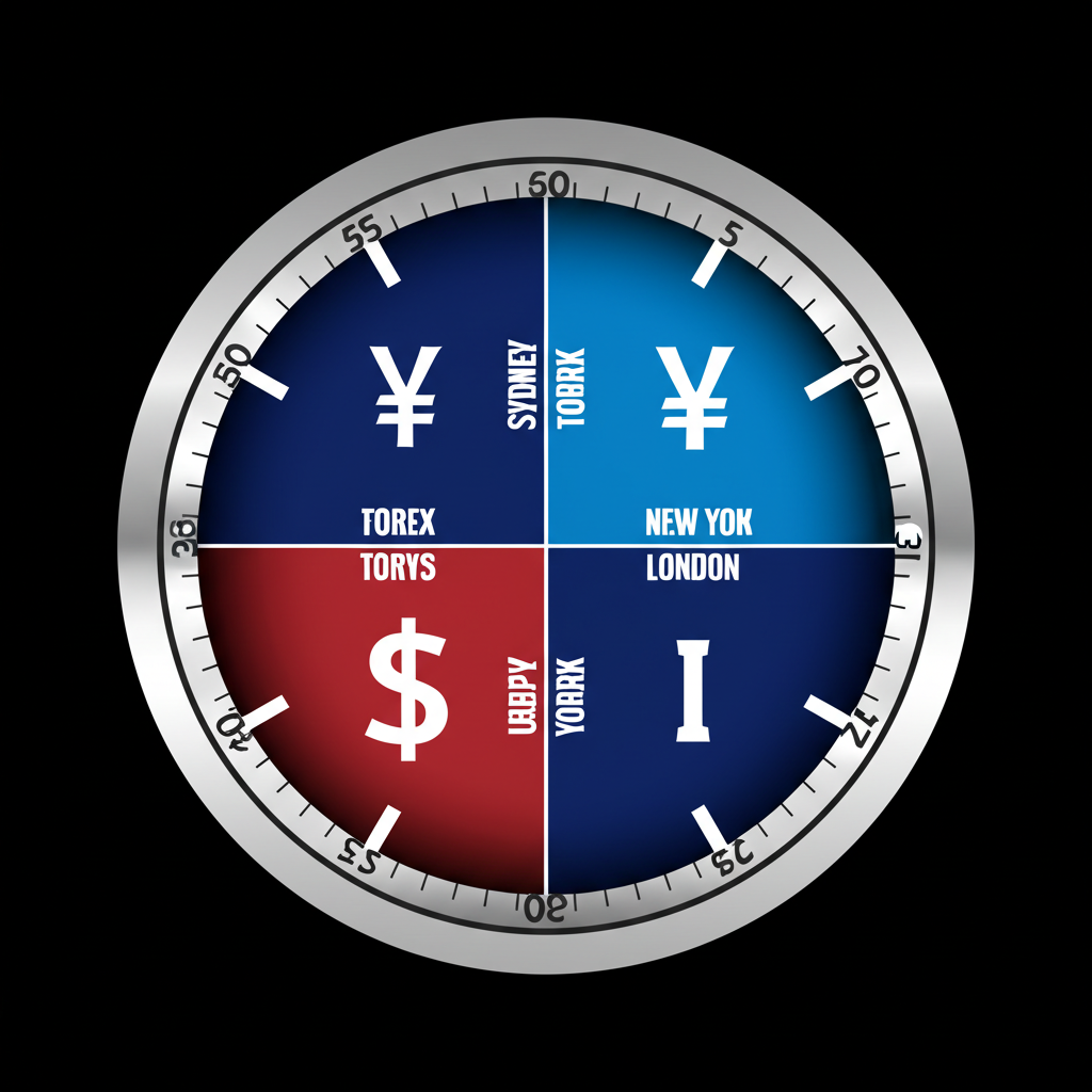 Global clock showing four forex sessions Sydney Tokyo London New York with currency symbols