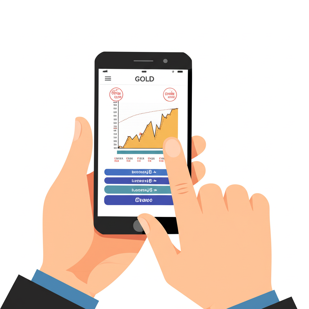 Illustration of a person trading gold on a mobile app with charts showing up and down trends and leverage symbols