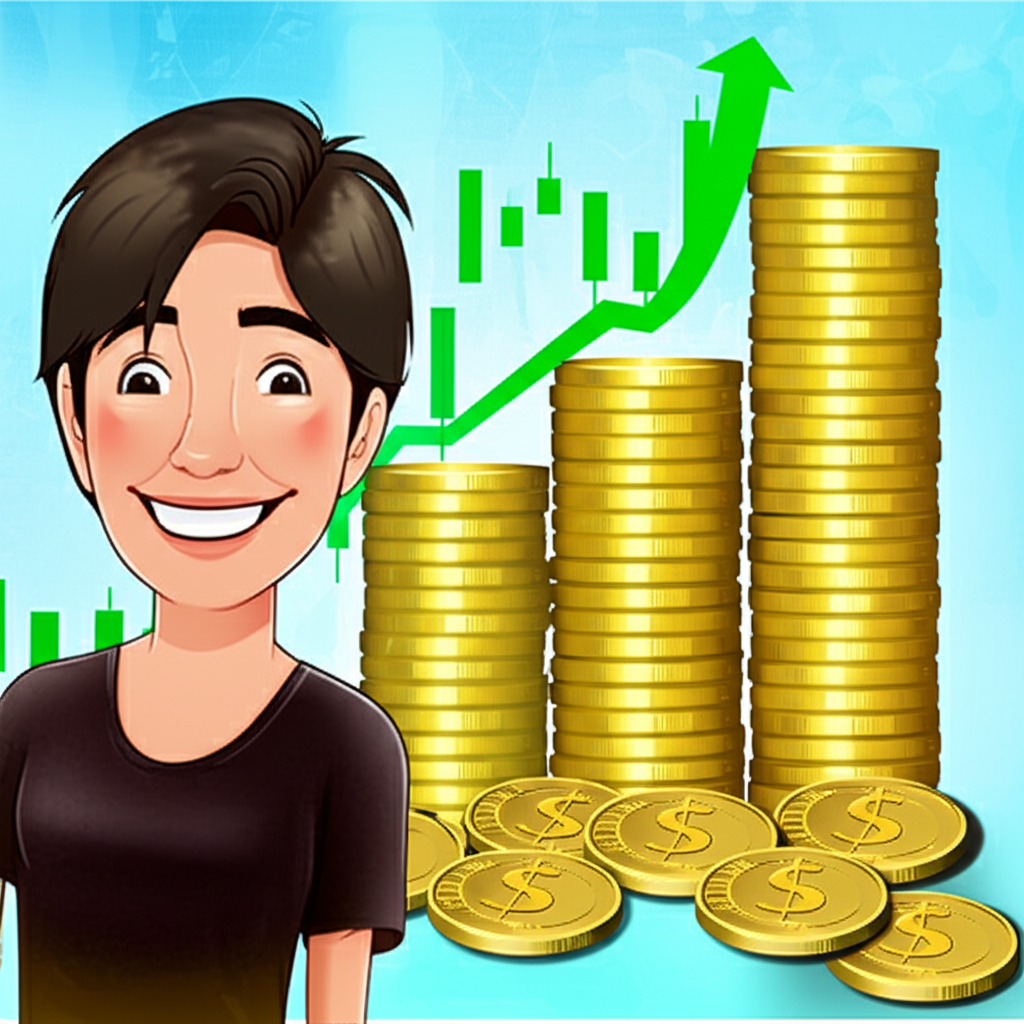 Thai person smiling with coins and forex chart for quick profits