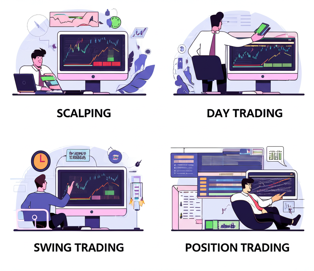 illustration of four distinct traders representing scalping day trading swing trading and position trading each with their unique trading environment