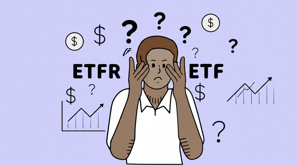 Illustration of a person confused by ETFR then enlightened by ETF with charts and investment symbols