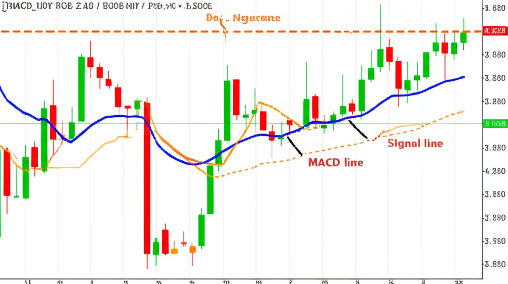 ภาพประกอบส่วนประกอบของ MACD indicator ประกอบด้วยเส้น MACD เส้น Signal และ Histogram บนกราฟการเงิน