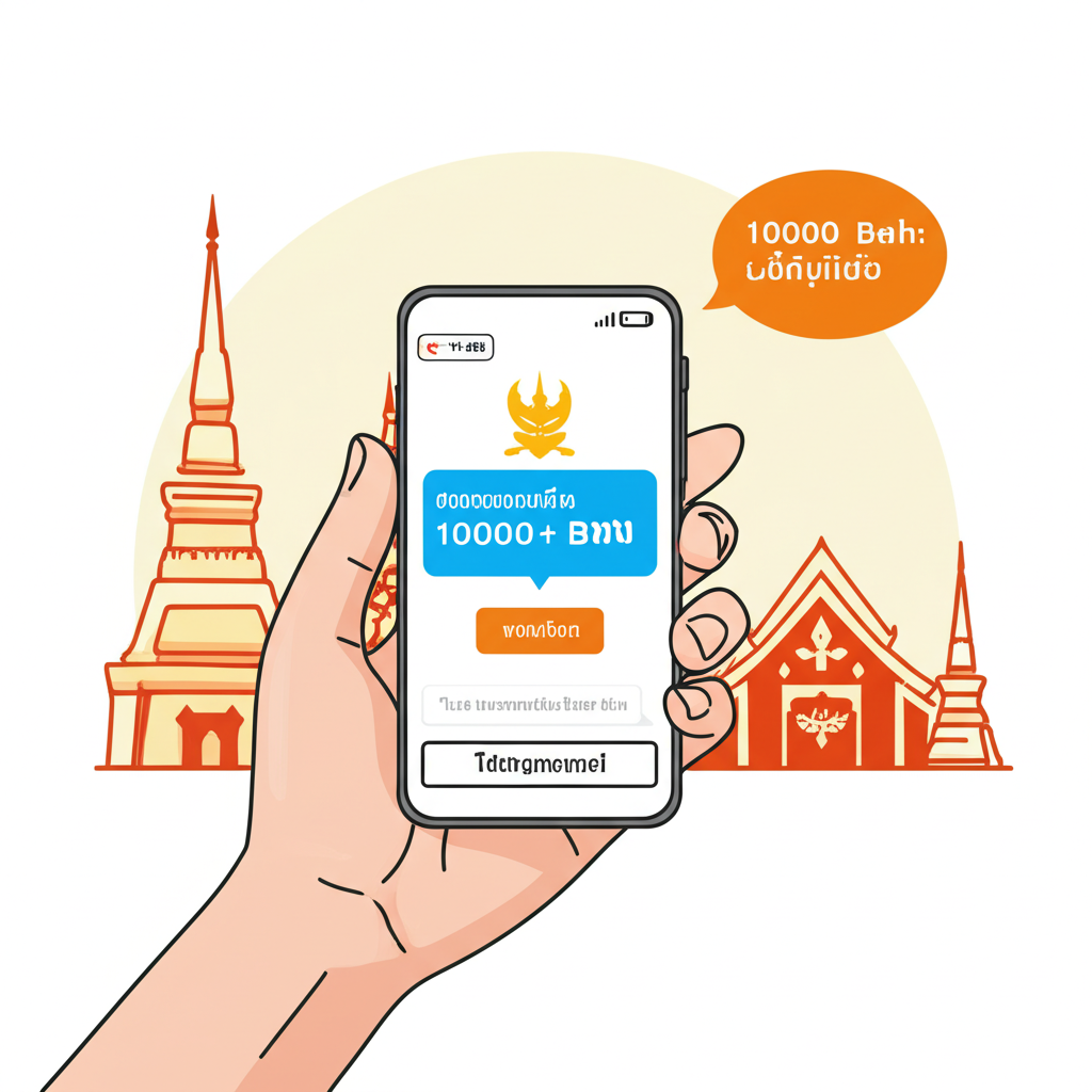 Illustration of Thai person getting 10000 baht digital money on phone government policy