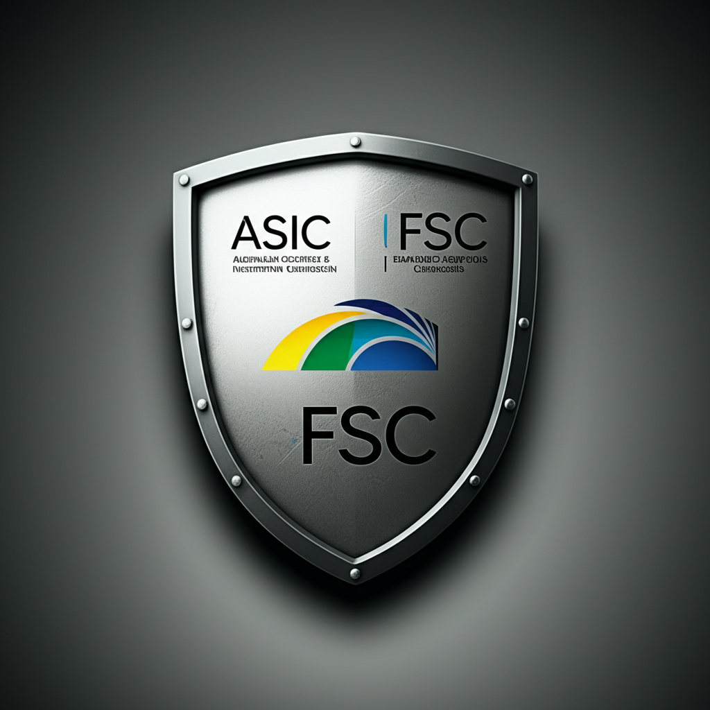 ภาพประกอบโล่ป้องกันพร้อมโลโก้หน่วยงานกำกับดูแล ASIC VFSC FSC ที่คุ้มครองสินทรัพย์ทางการเงิน