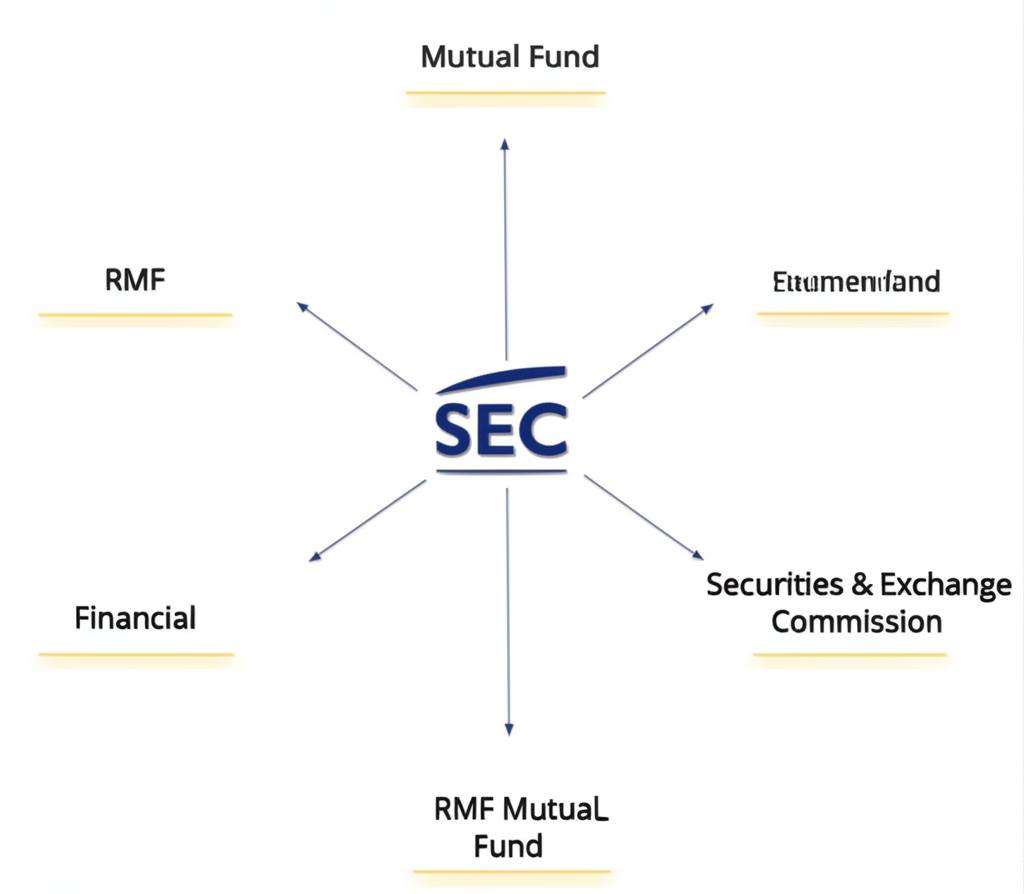 Illustration of a financial concept diagram showing RMF mutual fund and SEC logo