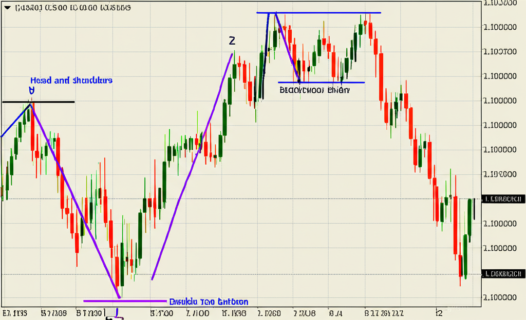 Illustration of reversal forex chart patterns like head and shoulders and double top bottom indicating trend changes