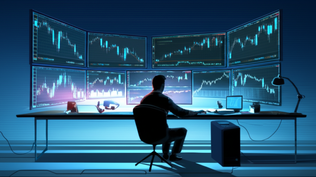 illustration of a trader analyzing multiple forex charts with glowing indicators in a modern office setting