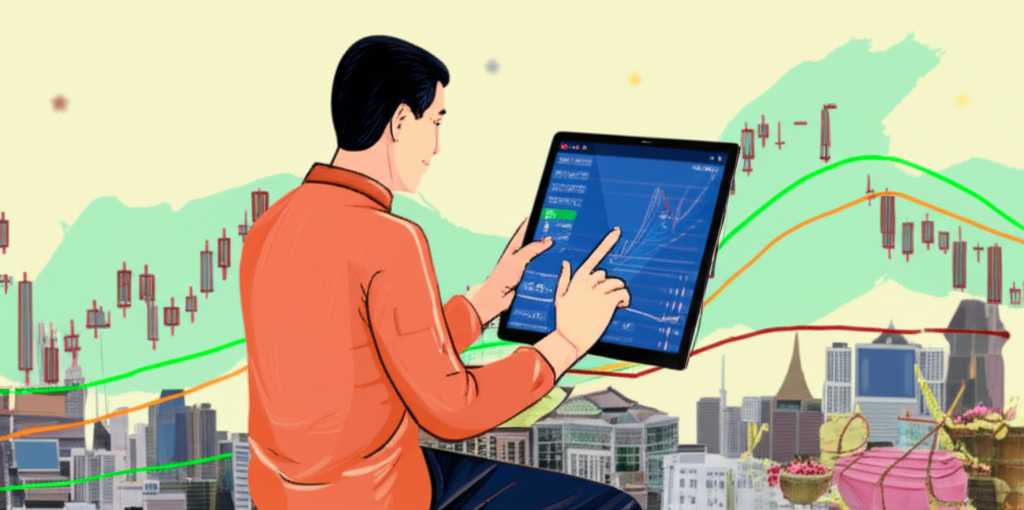 An illustration of a Thai trader analyzing a chart with moving average lines showing profit potential