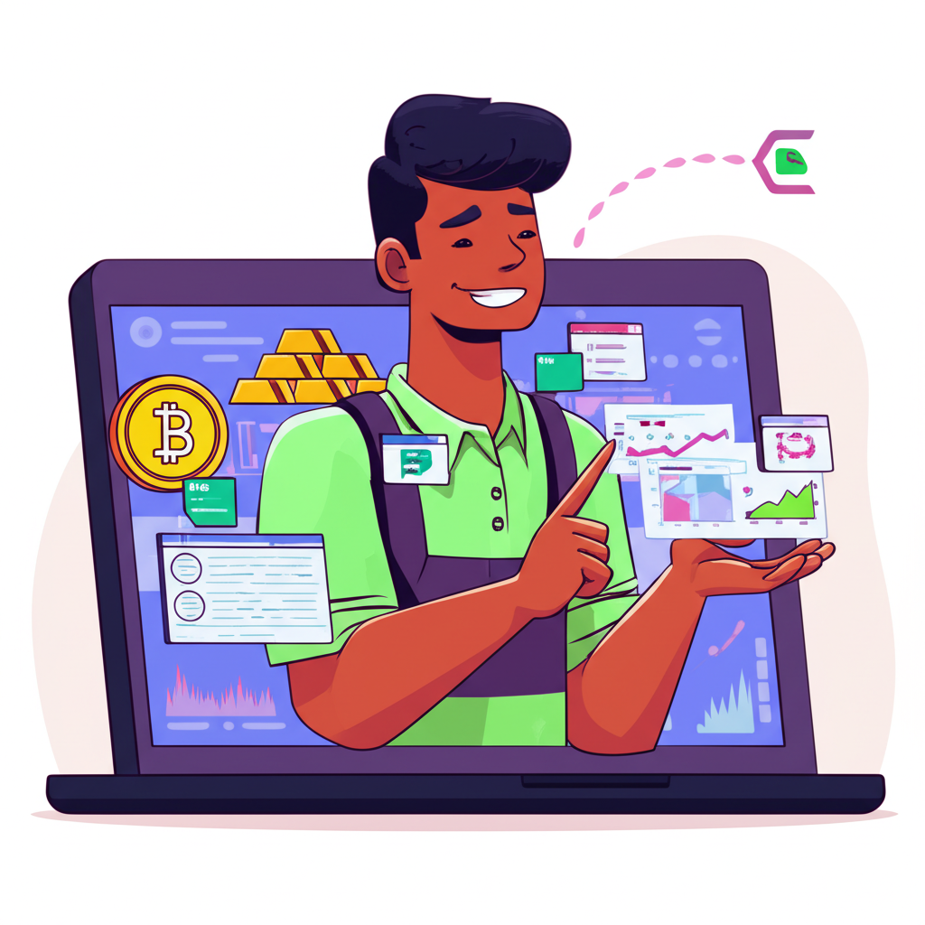 Illustration of a diverse trader on a digital platform trading various assets like crypto, forex, gold, and indices