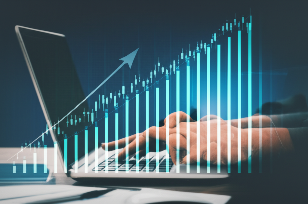 A Thai trader studying forex chart patterns on a laptop with profit graphs in the background illustration