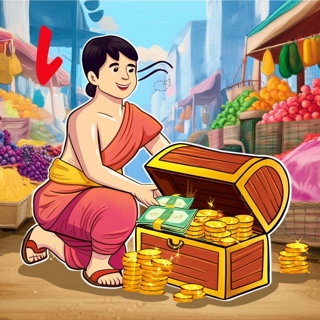 Thai trader discovering a hidden treasure chest filled with money representing forex rebate reducing trading costs