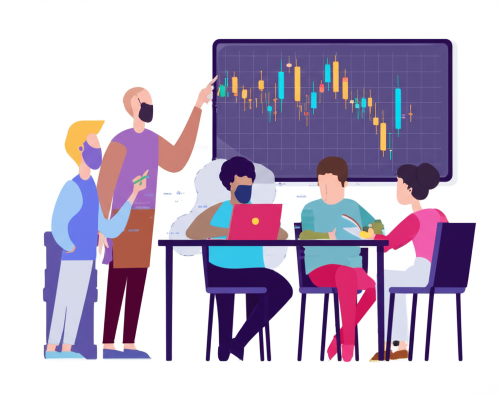 Illustration of a wise mentor ICT teaching students to read complex market charts with price action