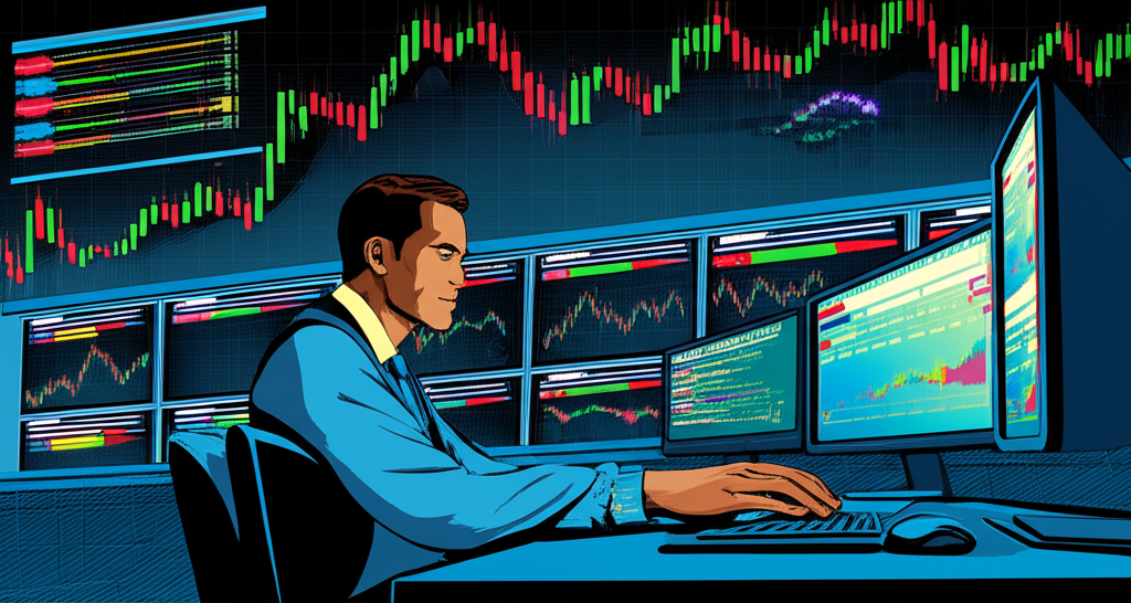 ภาพประกอบสภาพแวดล้อมการเทรด Forex ที่รวดเร็ว พร้อมกราฟและเทรดเดอร์ตัดสินใจอย่างรวดเร็ว