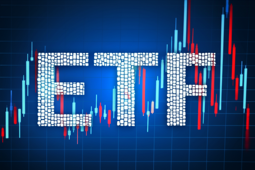A blend of a stock graph and a mutual fund icon forming an ETF symbol with an index chart in background illustration
