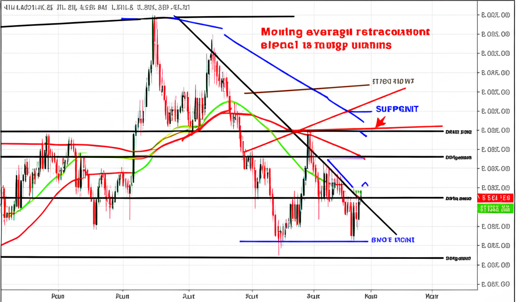 Illustration of a trading chart displaying moving average fibonacci retracement and pivot points