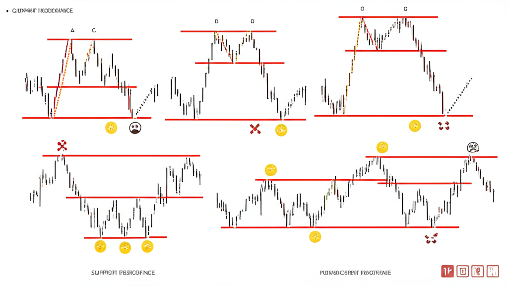 Illustrated forex chart patterns showing support resistance and trendlines with market psychology elements illustration