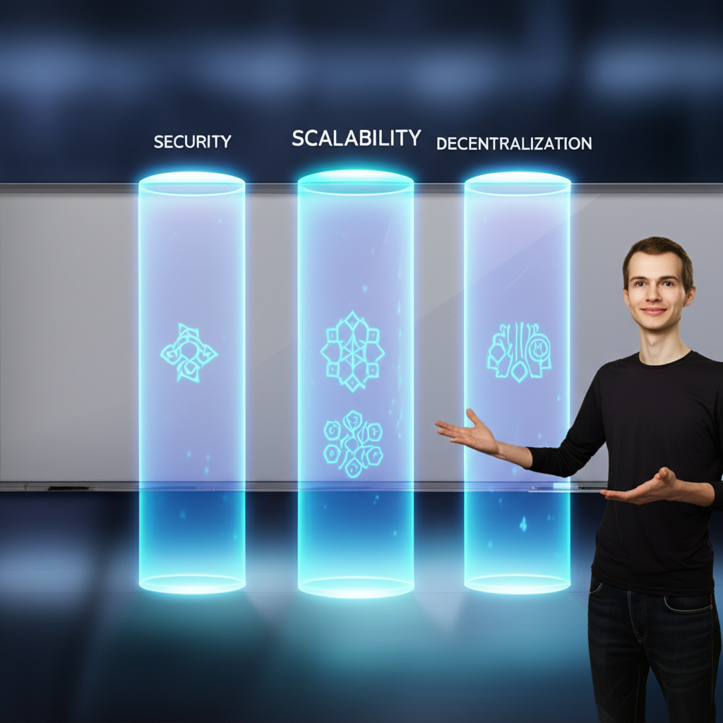 Illustration of Vitalik Buterin explaining the blockchain trilemma with three distinct pillars