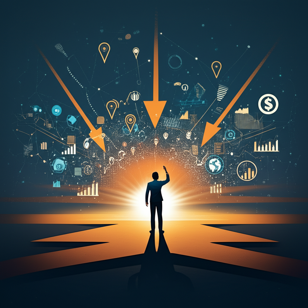 Illustration of a person making decisions guided by indicators in a data-rich world for business, finance, and daily life