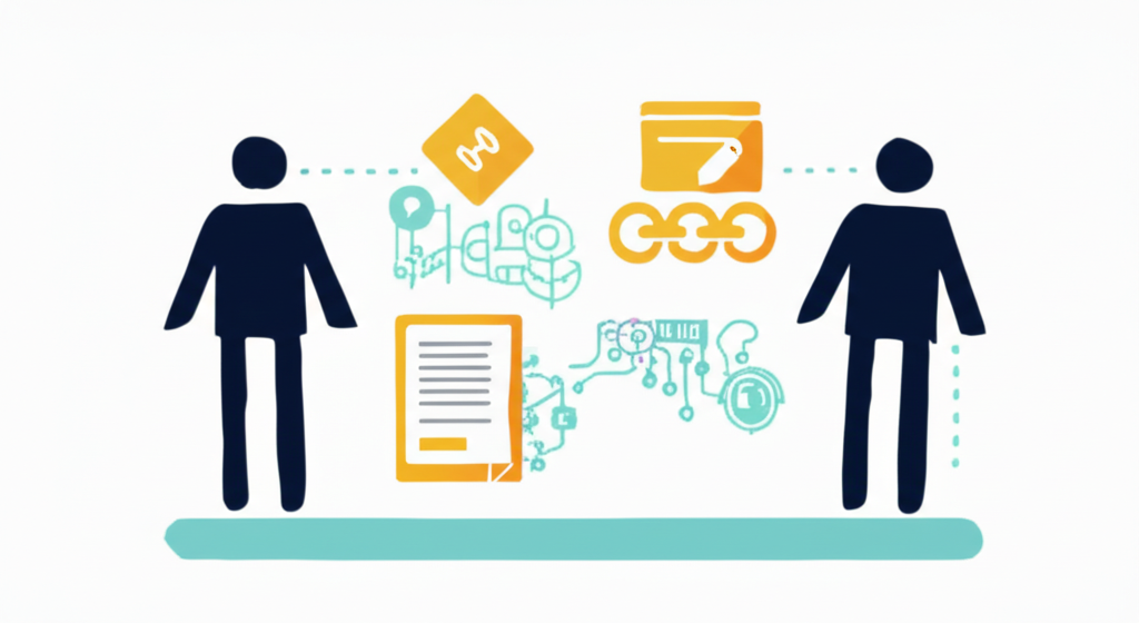 Illustration of peer to peer financial transactions connected by blockchain links and smart contract symbols