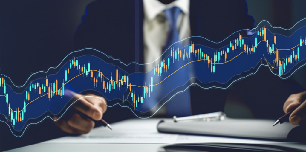 ภาพประกอบแผนภูมิหุ้นกับ Bollinger Bands แสดงความผันผวนราคาและสัญญาณการซื้อขาย นักลงทุนทั่วโลกกำลังวิเคราะห์ข้อมูล
