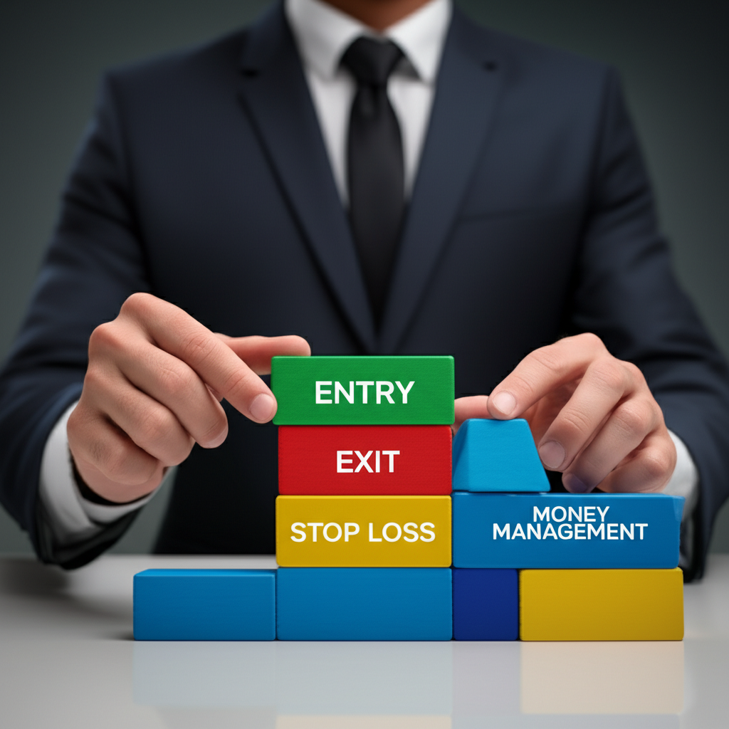 illustration of a forex trader building a strategy with building blocks representing entry exit stop loss and money management