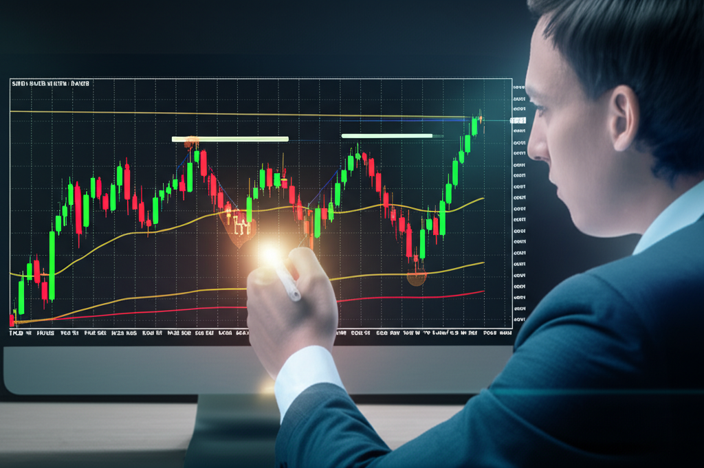 forex trader studying candlestick chart quasimodo pattern technical analysis market trends illustration