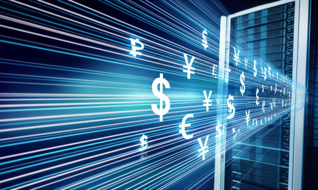Fast trading execution with digital speed line, currency symbols, and powerful server