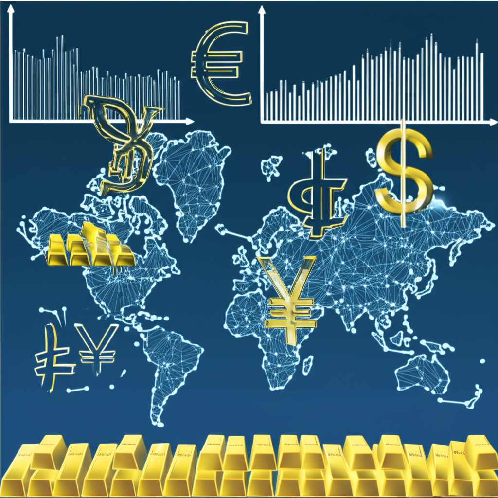 World map with stock market charts gold bars and currency symbols illustration style