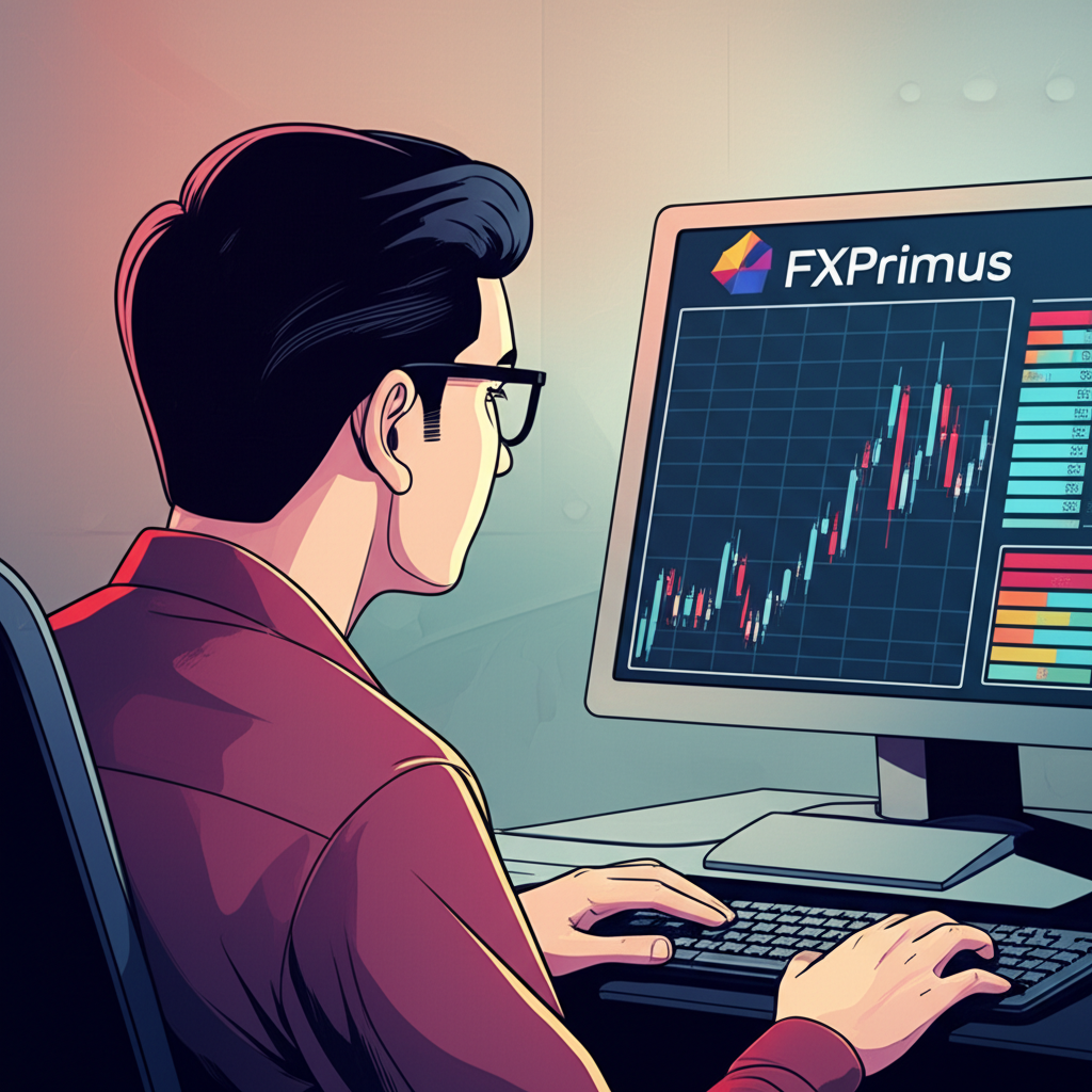 An illustration of a Thai trader looking at a screen with FXPrimus logo and various trading charts