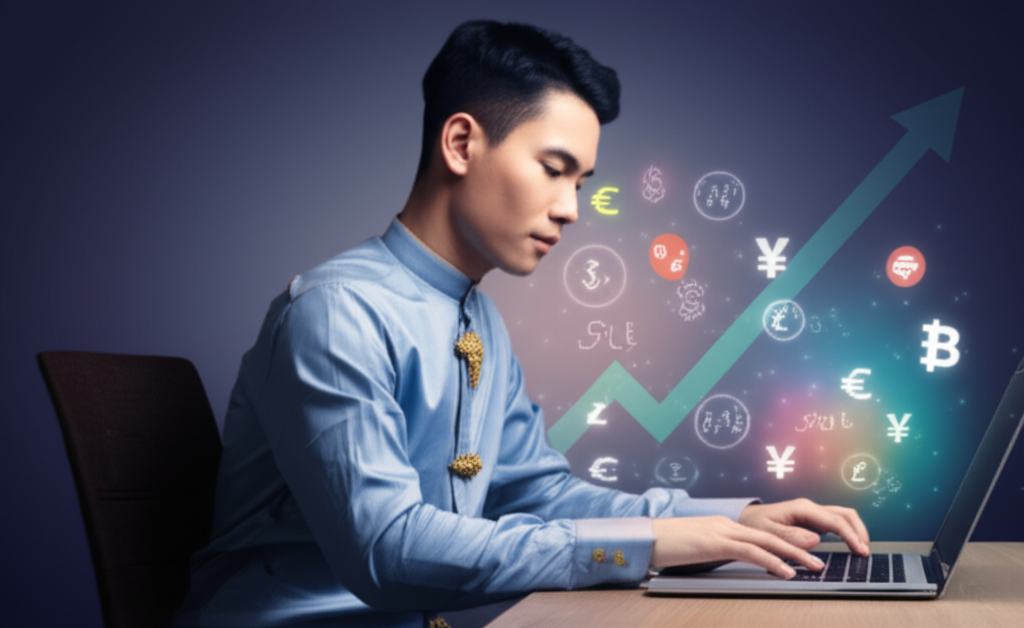 An illustration of a Thai trader confidently analyzing charts on a laptop with global financial market symbols floating around