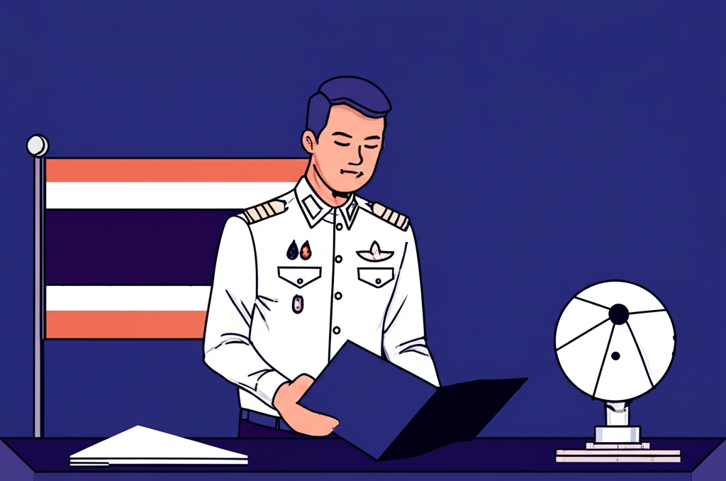 ภาพประกอบเจ้าหน้าที่รัฐไทยตรวจเอกสาร Starlink พร้อมดาวเทียมและธงชาติไทยในพื้นหลัง
